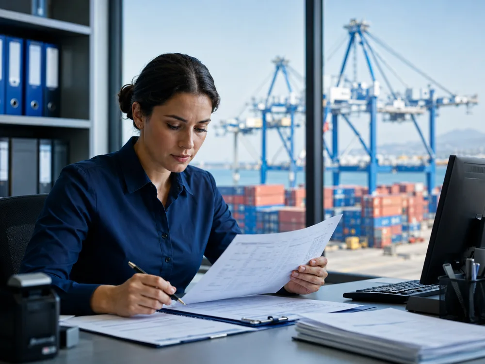 Customs broker reviewing foreign-trade documentation in a port office