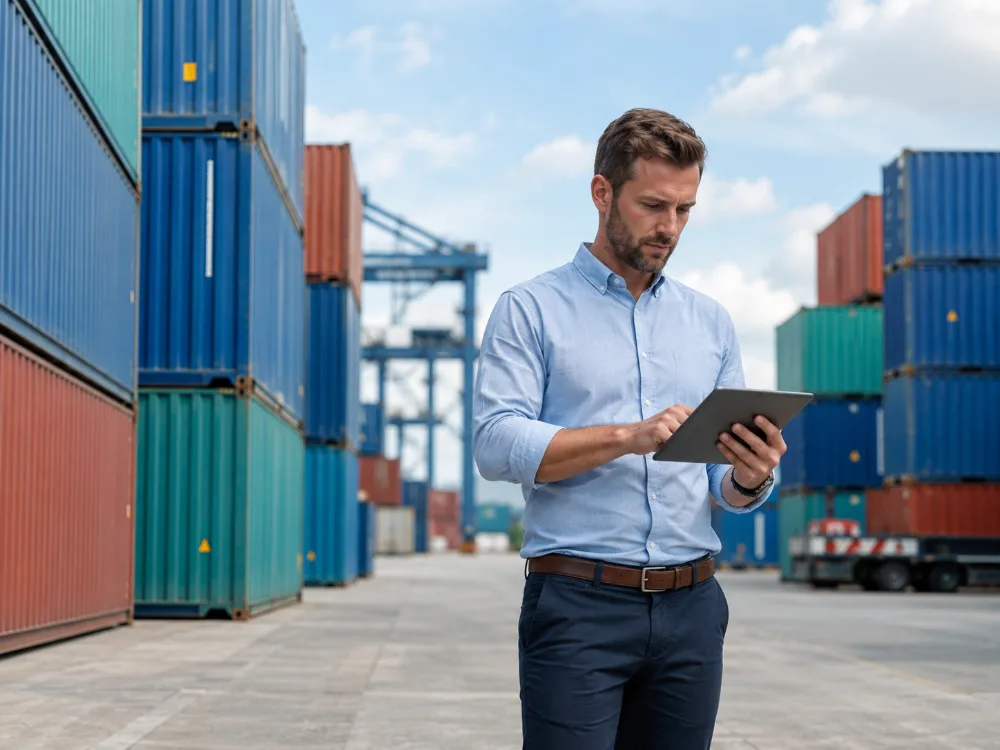 Freight forwarding professional reviewing shipments on a tablet in a container yard