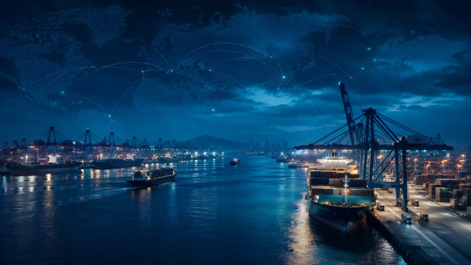 Container port at night connected by a global logistics network with ships arriving